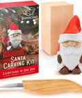 Santa Whittling Wood Carving Kit For Beginners With All In One Tools And Paints Easy DIY Christmas Craft Gift For Adults And Teens Perfect Hobby Woodworking Set For Creative Kids At Heart, showing basswood block, carving knife, and painted Santa figure.