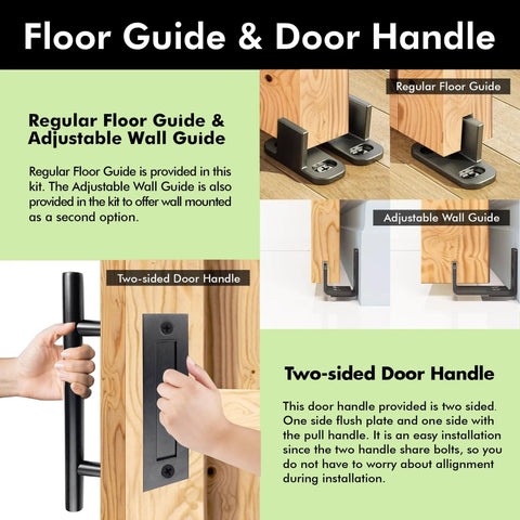 Black Rustic Non-Bypass Sliding Barn Door Hardware Kit For Indoor Use, floor guide and door handle on wooden door