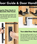 Heavy Duty Black Sliding Barn Door Hardware Kit For 40 Inch By 80 Inch Single Door With 7 Foot Flat Track, Classic Roller System Built Tough, Interior Use Only, Premium Carbon Steel Frame, Durable Nylon Wheels, Easy Install. Image showing regular floor guide, adjustable wall guide, and two-sided door handle for barn doors.