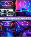 Hexagonal RGB LED Panel Lights With Remote Control For Parties Game Rooms Gyms And Bars Adjustable Brightness And Fast Color Shifts With Lit Theme Effects in various room setups