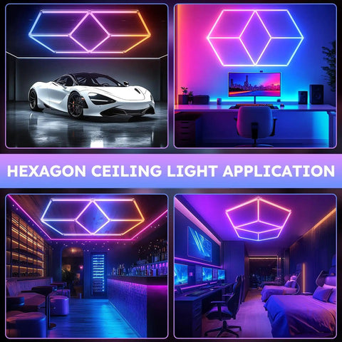Hexagonal RGB LED Panel Lights With Remote Control For Parties Game Rooms Gyms And Bars Adjustable Brightness And Fast Color Shifts With Lit Theme Effects in various room setups