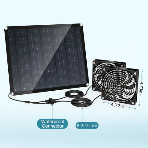 30W Solar Panel Vent Fan Kit For Small Chicken Coops, Greenhouses, Sheds, And Pet Houses, Weatherproof Outdoor Solar Exhaust Fan For Off Grid Ventilation IPX7 Waterproof Easy Install featuring dual fans and waterproof connector