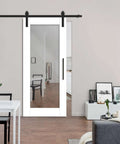 Dope Double Sided Mirror Sliding Barn Door Kit In White Finish With Black Carbon Steel Hardware, 26 by 81 inches, installed in living room
