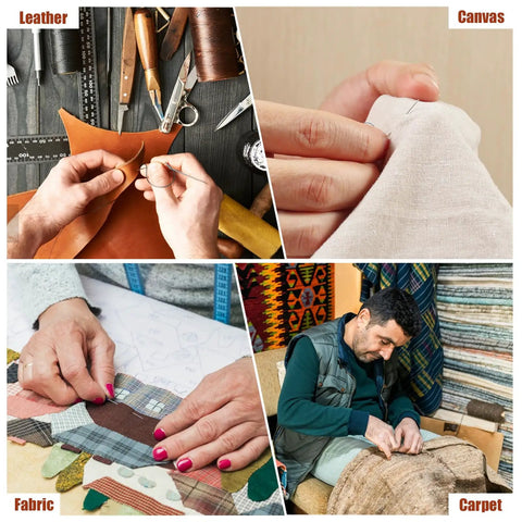 Pro Grade Waxed Leather Thread Kit with 50M of 150D flat waxed thread and seven steel leather needles for sewing leather, canvas, fabric, and carpet.