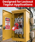 Must Have 20 Piece Circuit Breaker Lockout Device Kit Universal Lockout Tagout Loto For Single Double And Triple Pole Breakers OSHA Compliant Electrical Safety Gear showing a closed yellow panel with lockout device installed.