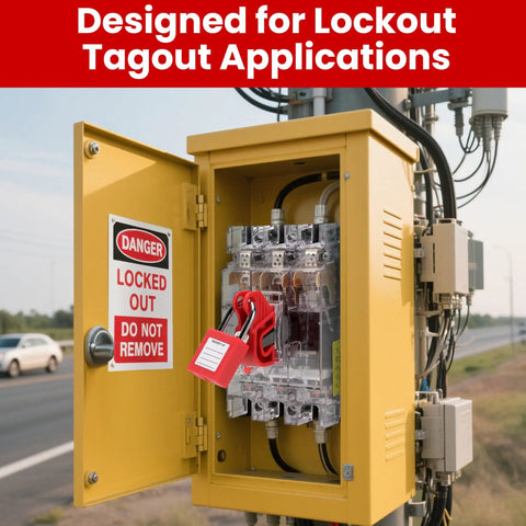 Must Have 20 Piece Circuit Breaker Lockout Device Kit Universal Lockout Tagout Loto For Single Double And Triple Pole Breakers OSHA Compliant Electrical Safety Gear showing a closed yellow panel with lockout device installed.