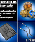 Pro Grade 75W Soldering Iron Station accessories including brass sponge, rosin flux, silicone mat, and two helping hands.