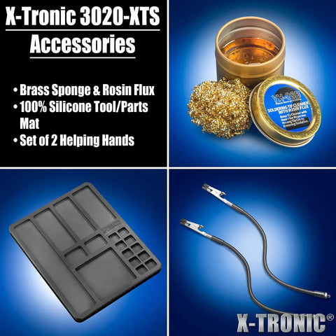 75W Soldering Station Kit With Quick Temp Digital Readout Includes Two Helping Hands Silicone Tool Mat Five Extra Tips 50G Solder Roll Brass Sponge Flux C To F Temperature Conversion Auto Sleep Mode For Pros And DIYers shown with brass sponge, silicone mat, and helping hands