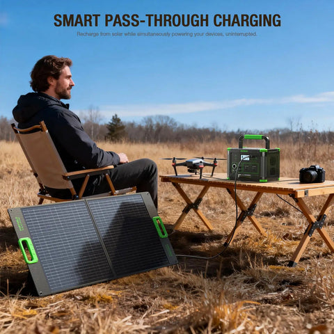 Man using 500W Portable Power Station with 519.48Wh Solar Generator Battery for camping; charging devices at outdoor site