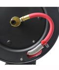 Auto Rewind Retractable Air Hose Reel With Twenty Five Feet Of Three Eighths Inch Hose And Brass Fittings In Black And Red