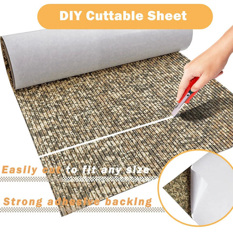 Camouflage EVA Boat Flooring 6mm Self Adhesive Marine Decking Sheet being cut with a cutter to show DIY customizability, adhesive side visible