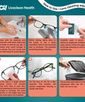 Lens wipes infographic showing six-step guide for using pre-moistened eyeglasses wipes to clean lenses.