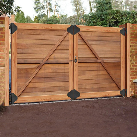 Wooden gate with Fence Gate Kit With 90 Degree Hinges And Anti Sag Support For Single Or Double Doors installed on brick posts.