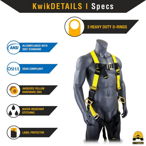 Thunder 4 Pack 3D Ring Safety Harness For Construction Workers, OSHA ANSI Compliant, shown on a mannequin with features highlighted