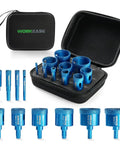Pro-Grade Diamond Tile Drill Bits Kit With 10-Piece Heavy-Duty Serrated Core Hole Saw Set and EVA Guide Jig for cutting.