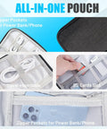 Ultimate Travel Cable Organizer Bag With Double Layer Tech Pouch showing interior for cords, SD cards, and phone storage.