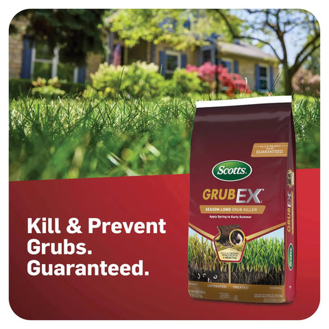 Bag of GrubEx1 Season Long Grub Killer For Lawns on lawn with trees and house background, text 'Kill & Prevent Grubs. Guaranteed.'