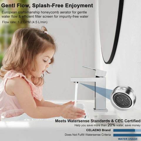 Single Hole Chrome Bathroom Faucet With Modern One Handle Design All Metal Pop Up Drain Ceramic Cartridge Built To Last Heavy Duty Square Vanity Sink Mixer Faucet For Smooth Durable Performance, shown with child washing hands