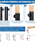 Installation guidelines for Heavy Duty Four Pack Folding Table Risers and Adjustable Height Leg Extenders for bent or straight furniture legs.