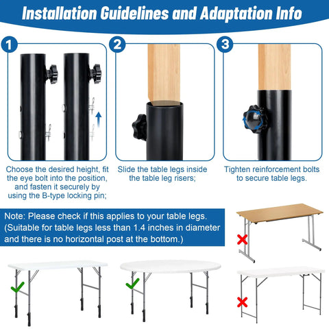 Installation guidelines for Heavy Duty Four Pack Folding Table Risers and Adjustable Height Leg Extenders for bent or straight furniture legs.