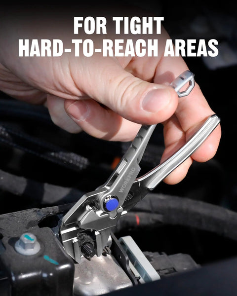Mini Pliers Wrench 4 Inch With Smooth Parallel Jaws adjusting a component in a tight space, focusing on tough alloy steel, anti rust coating.