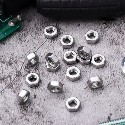 Top Shelf 50 Pc Stainless Steel Screw Nuts With Coarse Thread Heavy Duty Hex Fasteners Corrosion Proof Hardware on a textured surface.