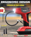 Compact Tire Inflator With Pressure Gauge, Auto Shutoff At Your Set PSI, 150 Max, USB Rechargeable Home Power, Includes Car Cigarette Lighter Cord, Quick And Easy On-The-Go Inflation For Cars, SUVs, And Trucks, As Seen On TV, red handheld with 18-inch hose