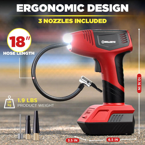 Compact Tire Inflator With Pressure Gauge, Auto Shutoff At Your Set PSI, 150 Max, USB Rechargeable Home Power, Includes Car Cigarette Lighter Cord, Quick And Easy On-The-Go Inflation For Cars, SUVs, And Trucks, As Seen On TV, red handheld with 18-inch hose
