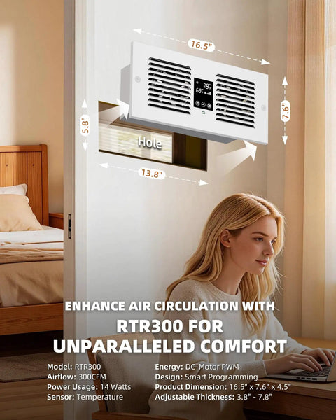 Room To Room Air Transfer Vent Fan With Remote And Temp Control Cranking 300 CFM Through Wall Exhaust in bedroom setup