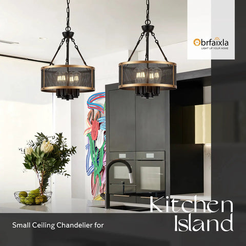 13.8-Inch Modern Semi Flush Mount Chandelier With Dope Black And Gold Mesh Drum, 2-Light Industrial Vintage Ceiling Light Fixture