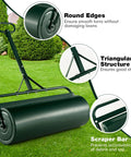 Front view of Beast Of A Lawn Roller For Yard And Garden Push Or Tow Behind 30 Gallon Water Sand Filled Sod Roller with handle on lawn.