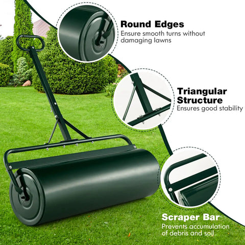 Front view of Beast Of A Lawn Roller For Yard And Garden Push Or Tow Behind 30 Gallon Water Sand Filled Sod Roller with handle on lawn.
