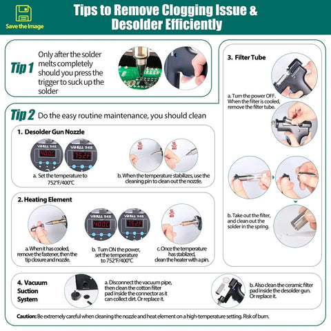 Instructional poster showing cleaning and maintenance tips for Efficient Desoldering Station With 80W Power, Auto Shutoff.