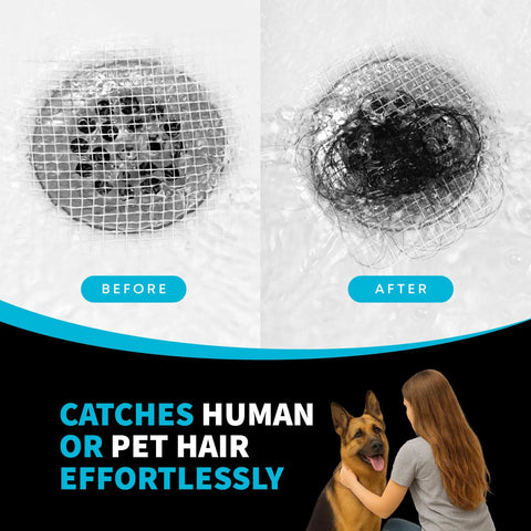 26 Pack Square Disposable Drain Hair Catcher Mesh Strainer Stickers For Shower Bathtub And Sink Keeps Your Plugs Tight in before and after comparison showing hair trapped.