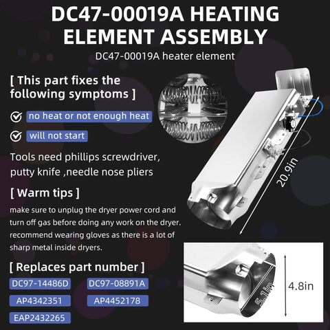 Dryer Heating Element Replacement 97-14486A Compatible With DVE50R5200W DVE50R5400V DV40J3000EW installation instructions.
