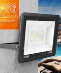 100W LED Flood Light Outdoor 2 Pack with 10000LM Hella Bright IP66 Waterproof Security Lights mounted on wall in rain