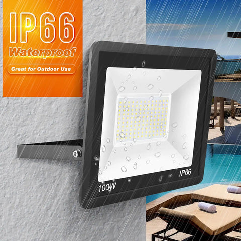 100W LED Flood Light Outdoor 2 Pack with 10000LM Hella Bright IP66 Waterproof Security Lights mounted on wall in rain