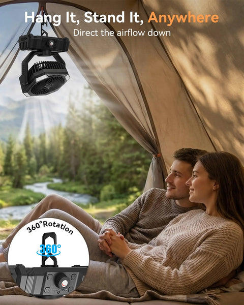 Misting Fan For Camping With Light, Rechargeable Portable Tent Fan With 300ml Water Tank in use inside a tent by a couple