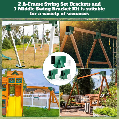 Heavy Duty Swing Set Bracket Kit For DIY Outdoor Playground Three Piece A Frame Hardware Set Built Tough With Two Main Brackets And One Middle Bracket Green Finish For Easy Assembly