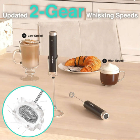 Powerful Rechargeable Milk Frother Wand With Stand Handheld Electric Foam Maker for coffee with two speed settings