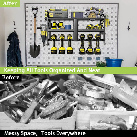 Heavy Duty Wall Mounted Power Tool Organizer Rack With Six Drill Holders For Cordless Drills Three Layer Metal Tool Storage