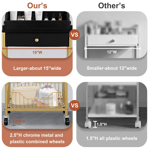 Comparison of large makeup organizer cart with 15" width and sturdy wheels vs smaller cart with 12" width and plastic wheels