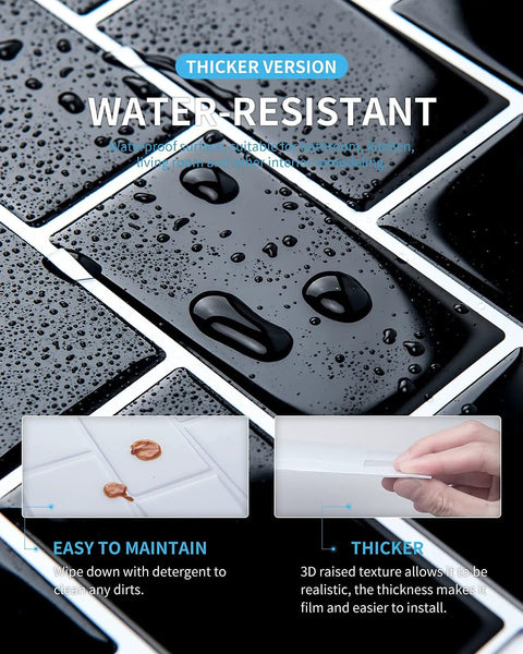 Subway Style Peel And Stick Tiles For Kitchen Backsplash, water-resistant, thicker version shown with water droplets.