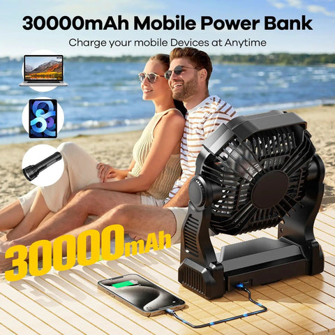Couple enjoying outdoor scene with 30000mAh Solar Powered Fan With LED Lantern And 10W Panel Rechargeable Camping Fan beside them.