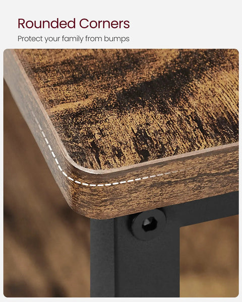 Close-up of rounded corner on Industrial Kitchen Island Featuring Three Tier Storage And Generous Worktop, Rock Solid Steel Frame Built For Real Life Messes, Rustic Brown And Black Finish, Zero Sweat Quick Setup For Any Space.