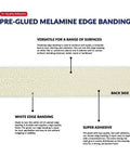 Close-up of white melamine edge banding tape showing adhesive side with text "Pre-Glued Melamine Edge Banding" on label.