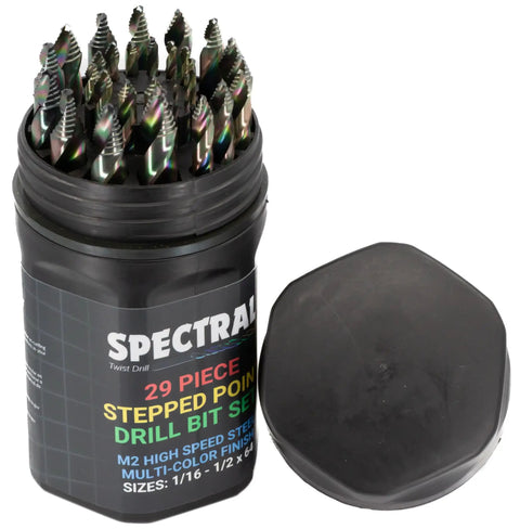 29 Piece Stepped Point HSS Drill Bit Set From One Sixteenth Inch To Half Inch With Round Case 135 Degree Step Point Split Point Tip M2 Steel 3 Flat Shank Multicolor Finish, open case view