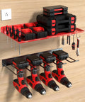 Heavy Duty Wall Mount Power Tool Organizer Rack For Garage, Workshop And Shed That Holds Drills, Batteries, Cordless And Handheld Tools, And Accessories In A Steel Red Finish With 100 Lb Capacity And One Piece Design on wooden wall