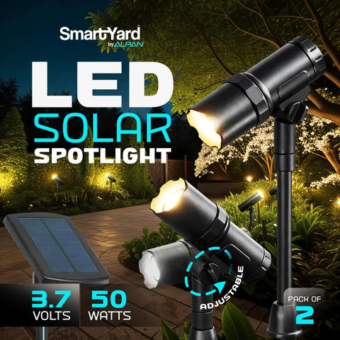Outdoor Solar Spotlight Set Two Pack With Fifteen Inch Panel Waterproof LED Easy Install And Adjustable Height for gardens.