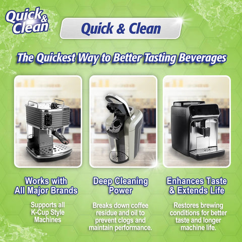 Keurig cleaning pods (6-pack) for 2.0 machines; green promotional image showing three coffee brewers